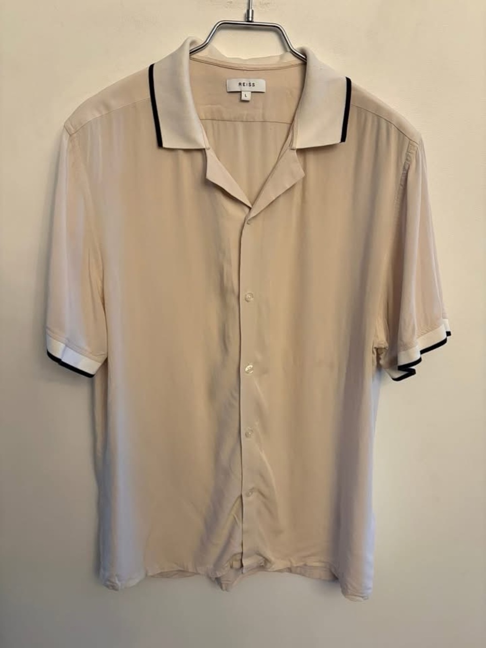 Reiss Beige Short-Sleeve Button-Down with Black Trim